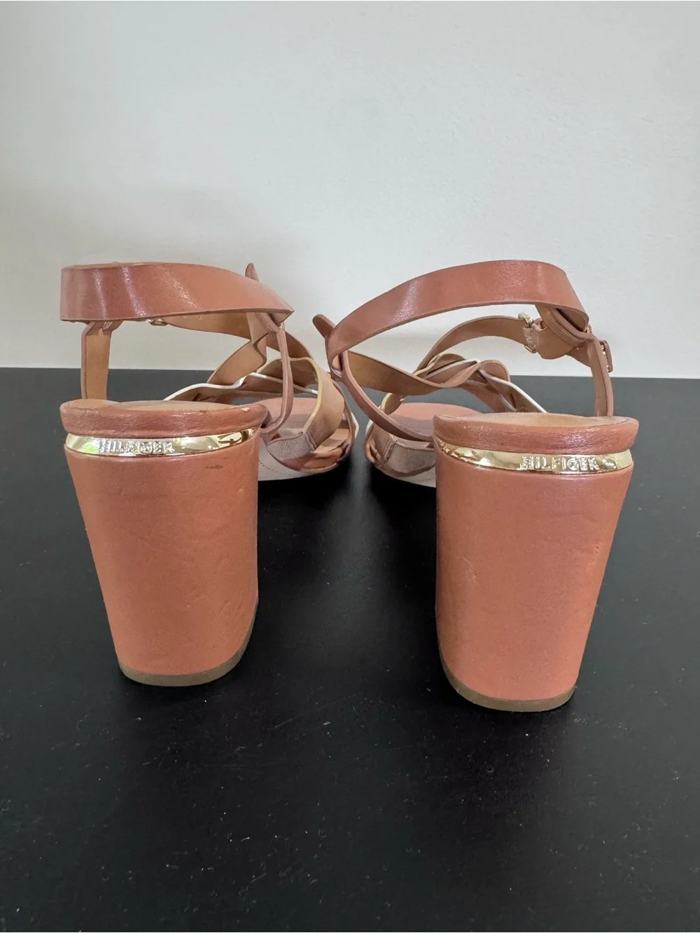 Tommy Hilfiger Graysi Tan and White Strappy Block Heel Sandals
